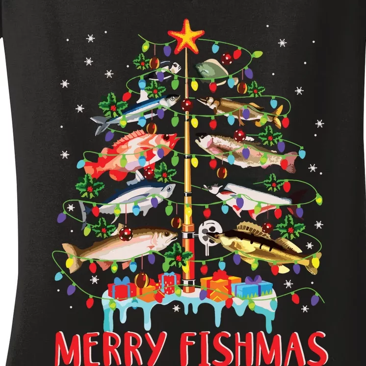 Merry Fishmas Funny Christmas Tree Lights Fish Fishing Rod Women's V-Neck T-Shirt