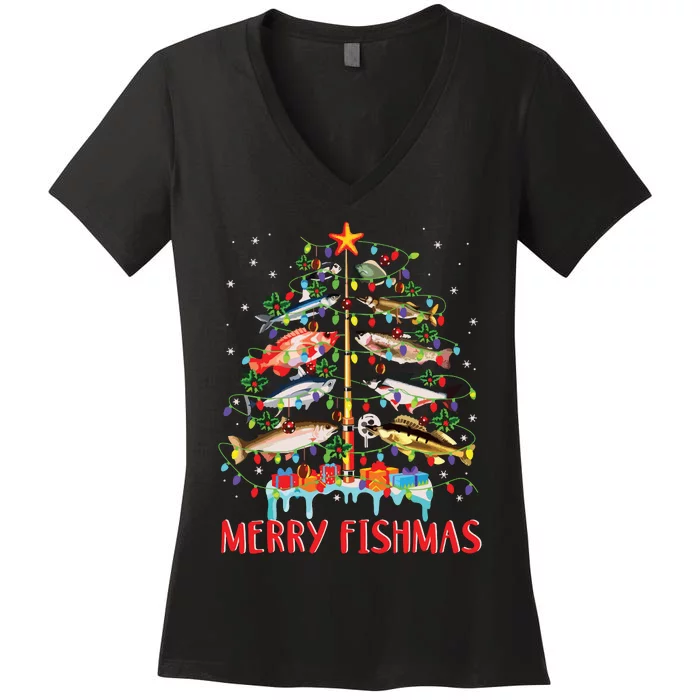 Merry Fishmas Funny Christmas Tree Lights Fish Fishing Rod Women's V-Neck T-Shirt