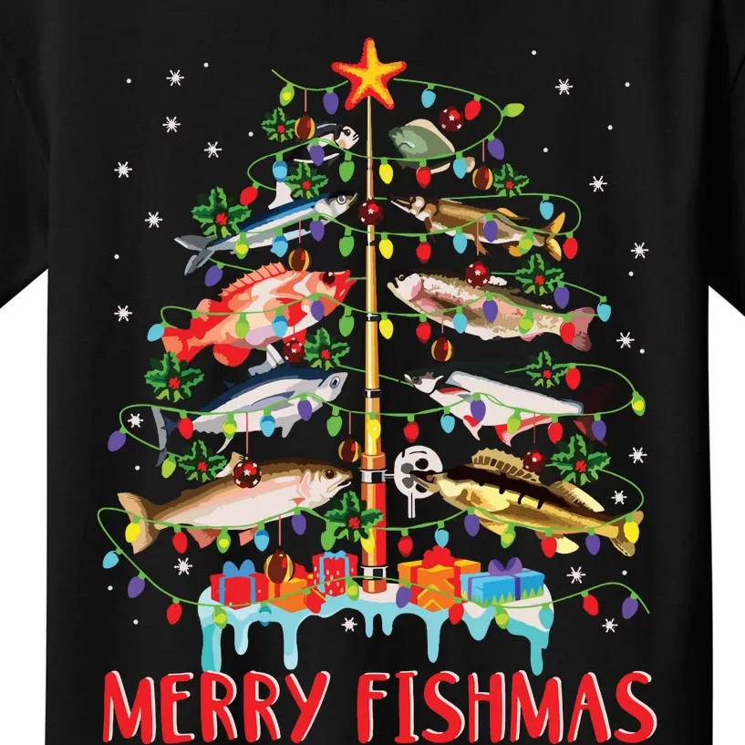 Merry Fishmas Funny Christmas Tree Lights Fish Fishing Rod Kids T-Shirt