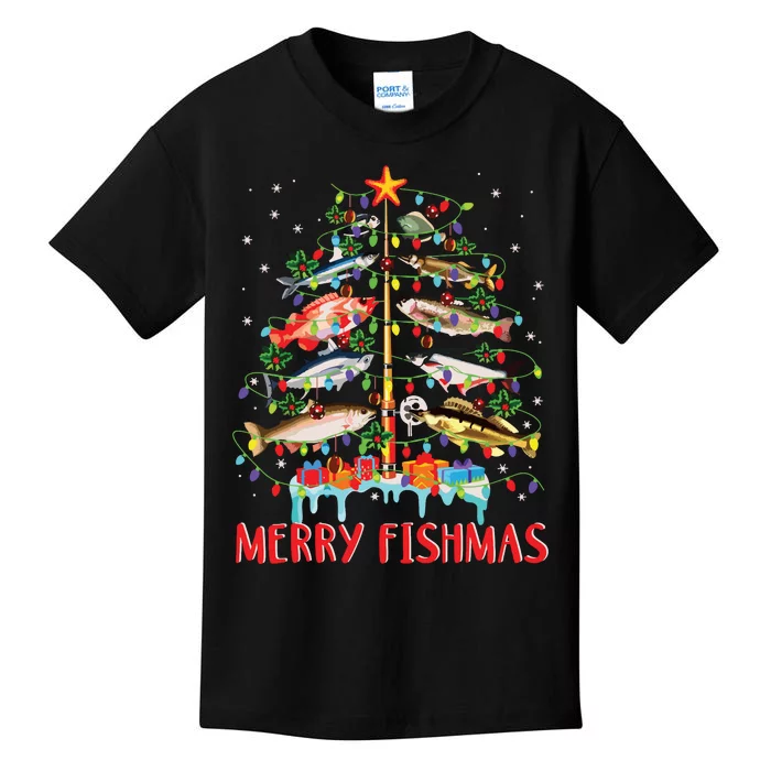 Merry Fishmas Funny Christmas Tree Lights Fish Fishing Rod Kids T-Shirt