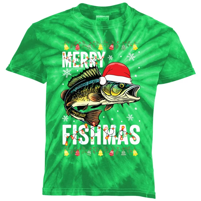 Merry Fishmas Funny Fishing Christmas Pajama Fishers Kids Tie-Dye T-Shirt