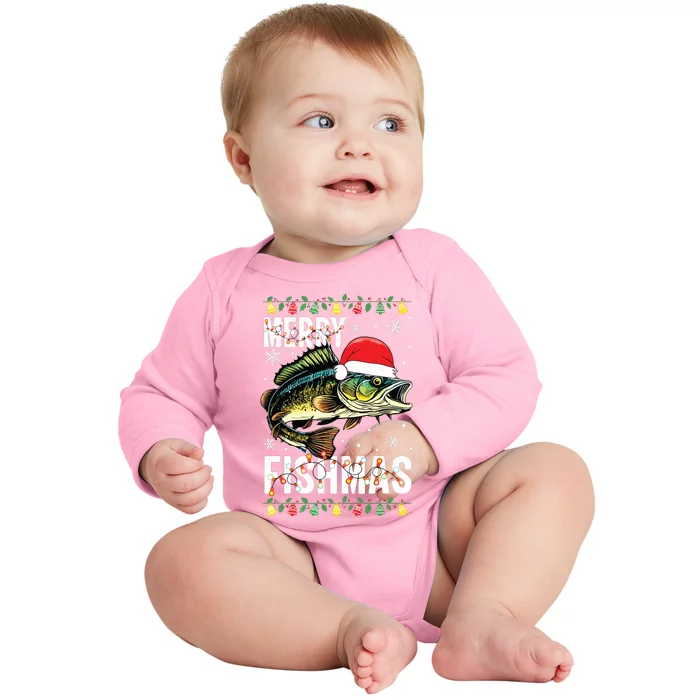 Merry Fishmas Funny Fishing Christmas Pajama Fishers Baby Long Sleeve Bodysuit