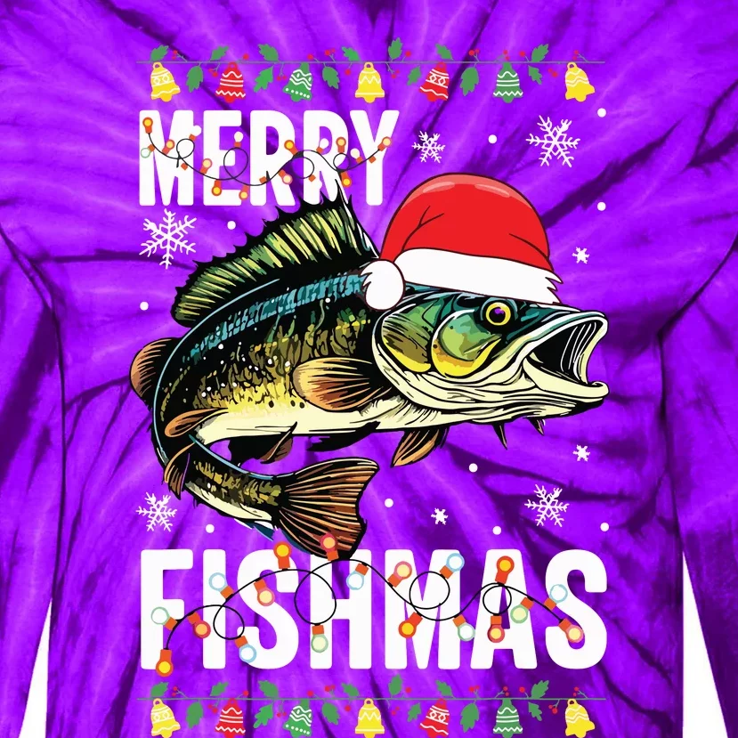 Merry Fishmas Funny Fishing Christmas Pajama Fishers Tie-Dye Long Sleeve Shirt