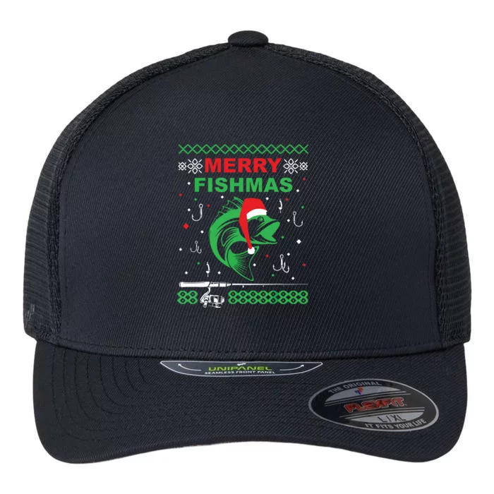 Merry Fishmas Funny Fishing Ugly Christmas Sweater Flexfit Unipanel Trucker Cap