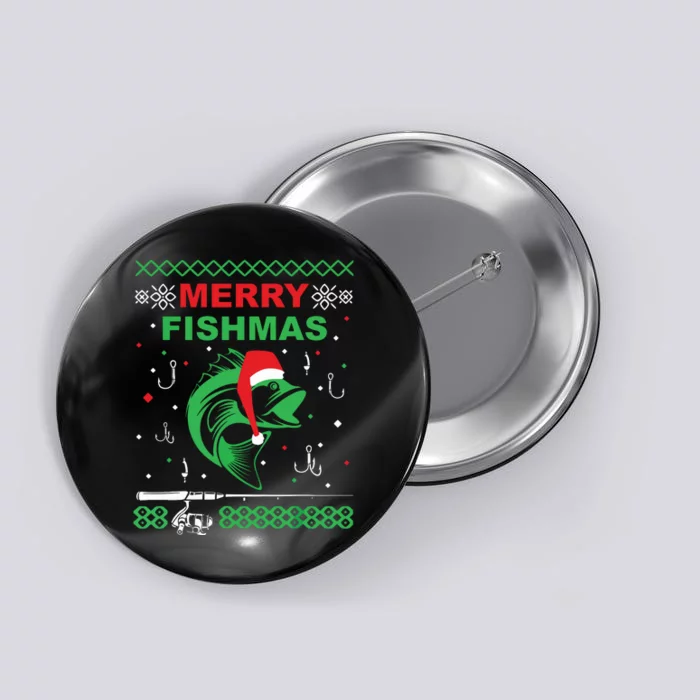 Merry Fishmas Funny Fishing Ugly Christmas Sweater Button