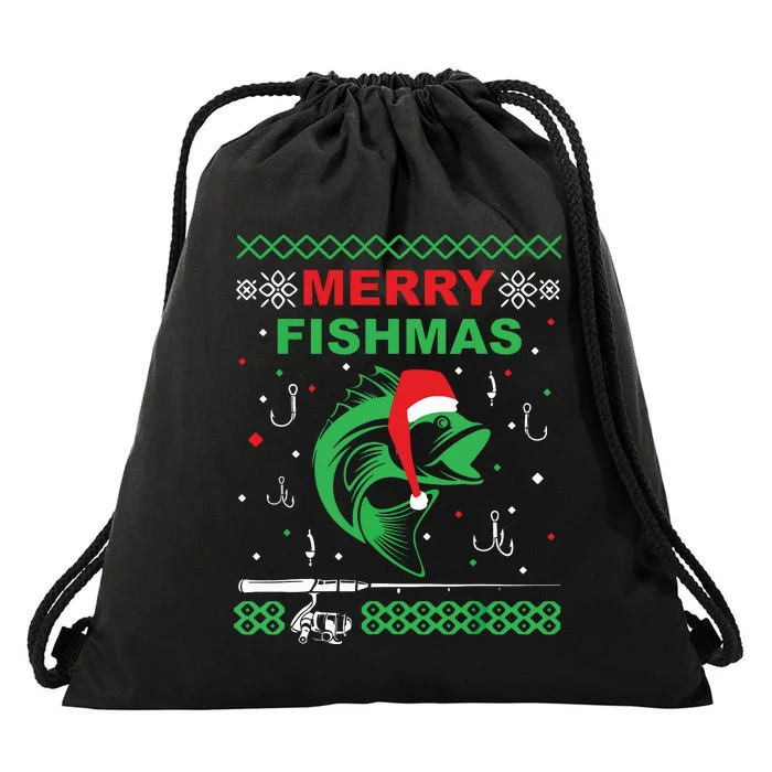 Merry Fishmas Funny Fishing Ugly Christmas Sweater Drawstring Bag