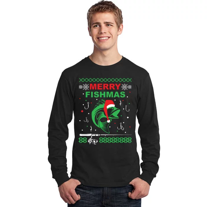 Merry Fishmas Funny Fishing Ugly Christmas Sweater Tall Long Sleeve T-Shirt