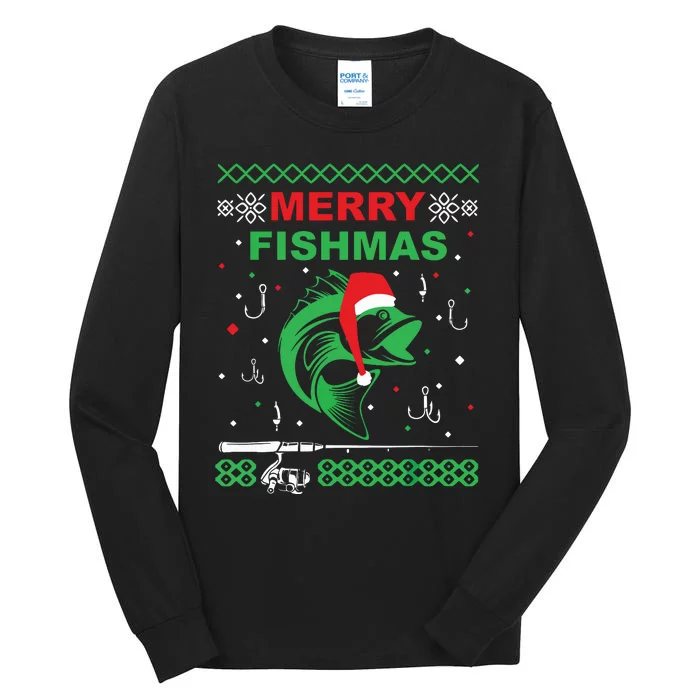 Merry Fishmas Funny Fishing Ugly Christmas Sweater Tall Long Sleeve T-Shirt