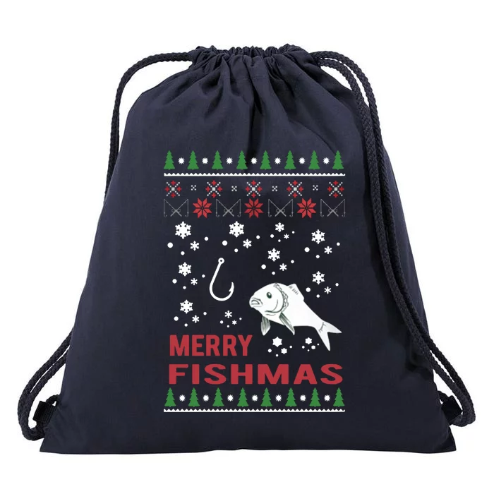 Merry Fishmas Fishing Ugly Christmas Style Cool Gift Drawstring Bag