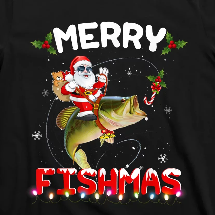 Merry Fishmas Funny Santa Riding Fish Christmas Pjs Fishers T-Shirt