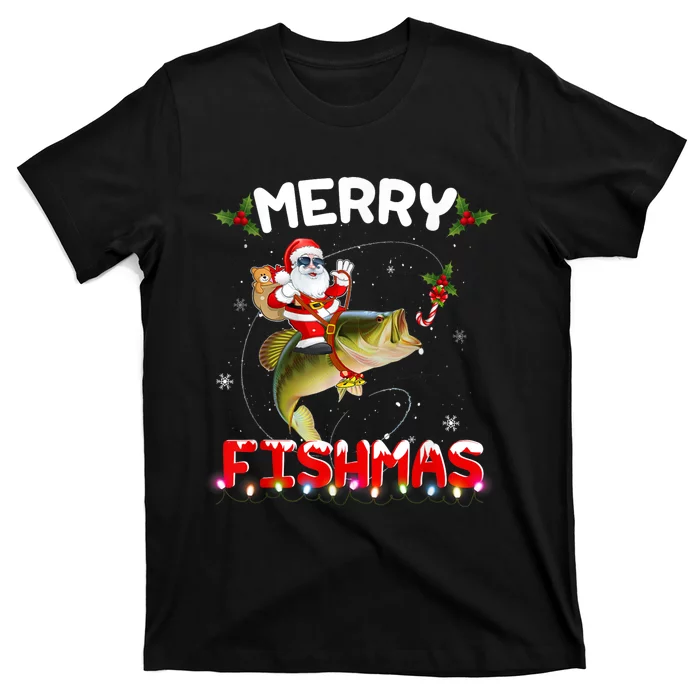 Merry Fishmas Funny Santa Riding Fish Christmas Pjs Fishers T-Shirt