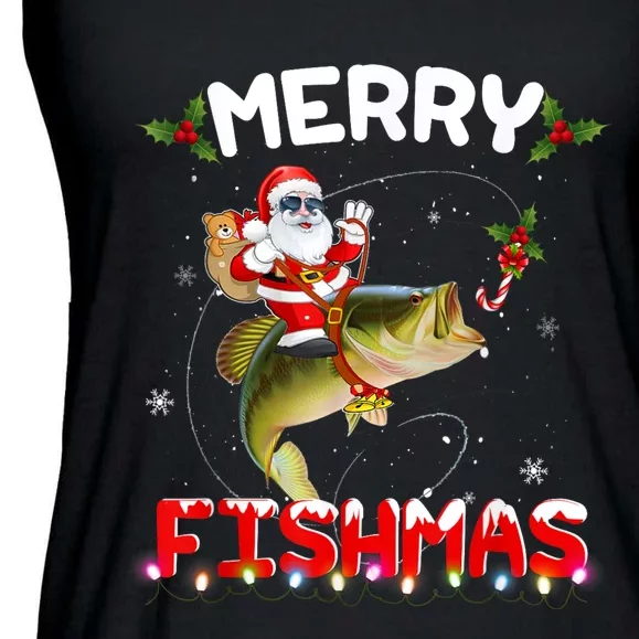 Merry Fishmas Funny Santa Riding Fish Christmas Pjs Fishers Ladies Essential Flowy Tank