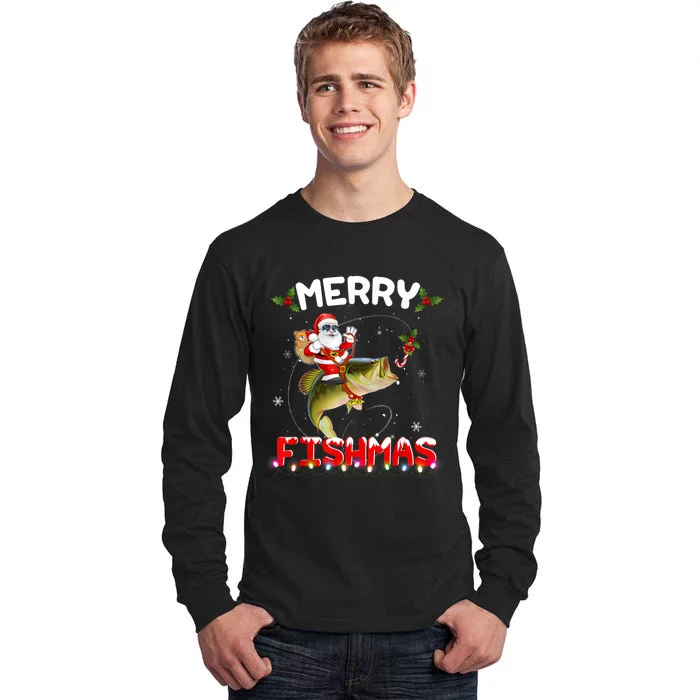 Merry Fishmas Funny Santa Riding Fish Christmas Pjs Fishers Tall Long Sleeve T-Shirt