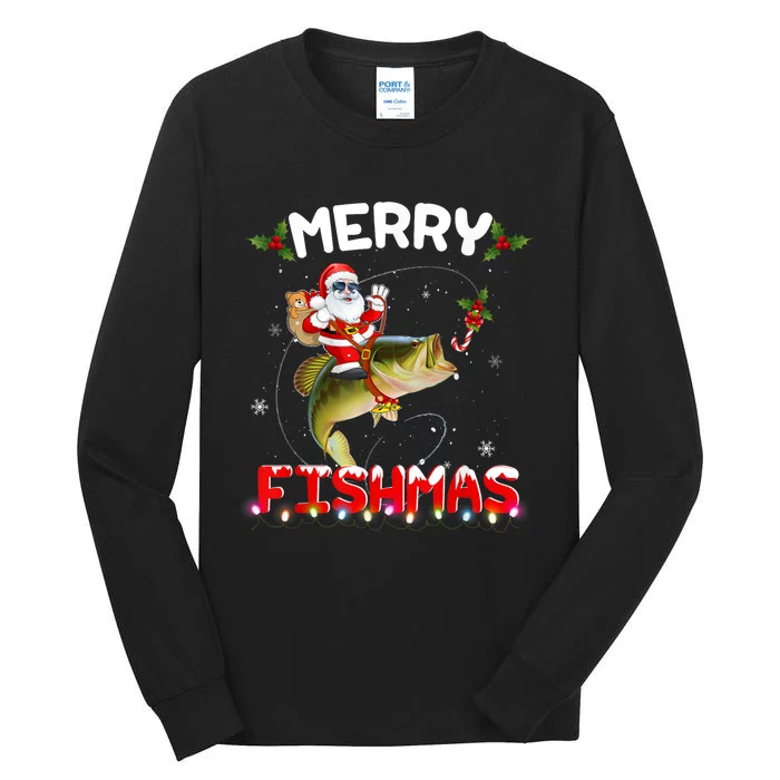 Merry Fishmas Funny Santa Riding Fish Christmas Pjs Fishers Tall Long Sleeve T-Shirt