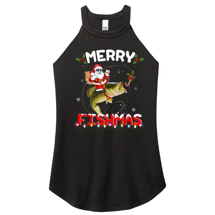 Merry Fishmas Funny Santa Riding Fish Christmas Pjs Fishers Women’s Perfect Tri Rocker Tank