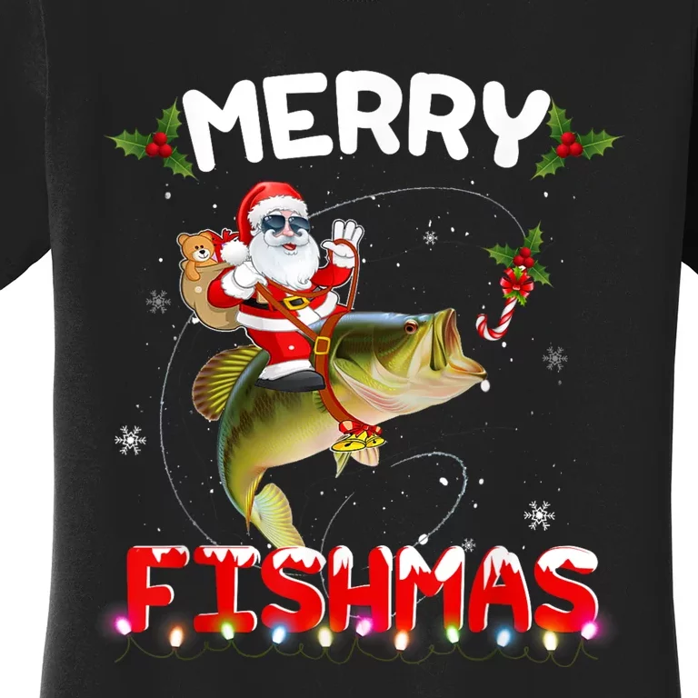 Merry Fishmas Funny Santa Riding Fish Christmas Pjs Fishers Women's T-Shirt