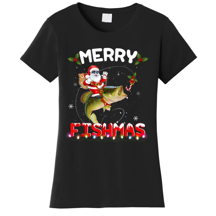 Merry Fishmas Funny Santa Riding Fish Christmas Pjs Fishers Women's T-Shirt