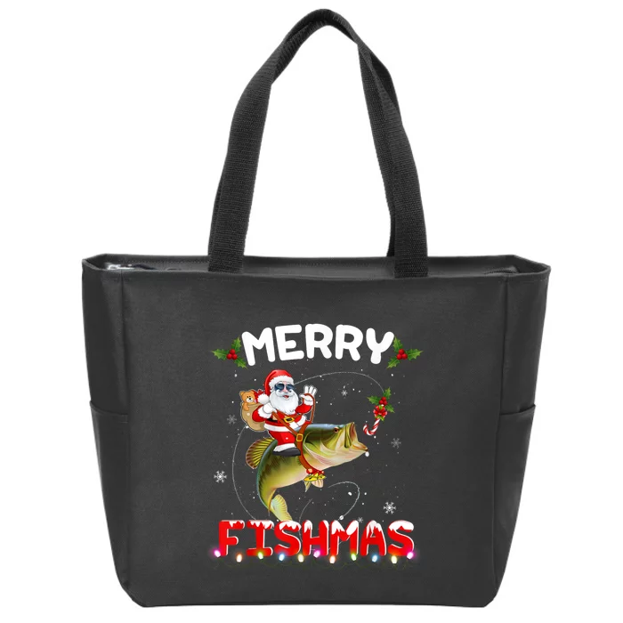 Merry Fishmas Funny Santa Riding Fish Christmas Pjs Fishers Zip Tote Bag