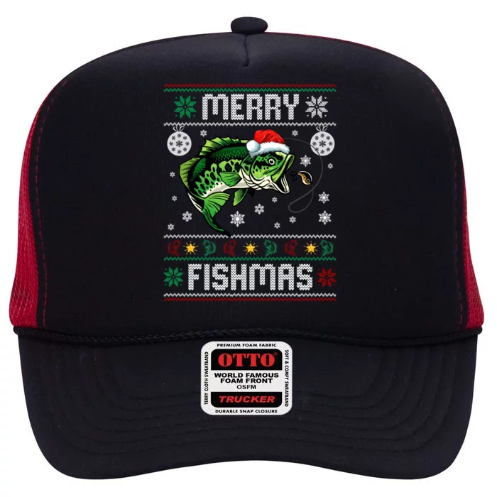 Merry Fishmas Funny Fish Fishing Fisher Ugly Christmas Gift High Crown Mesh Trucker Hat