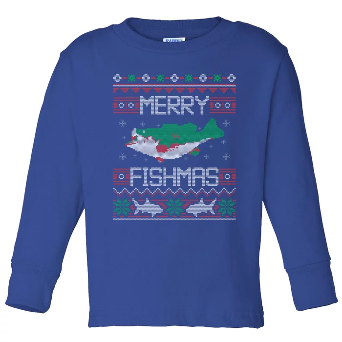 Merry Fishmas Fishing Dad Fish Angler Ugly Christmas Sweater Gift Toddler Long Sleeve Shirt