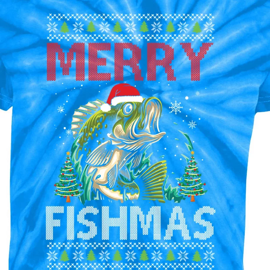 Merry Fishmas Fishing Ugly Christmas Large Mouth Bass Gift Kids Tie-Dye T-Shirt