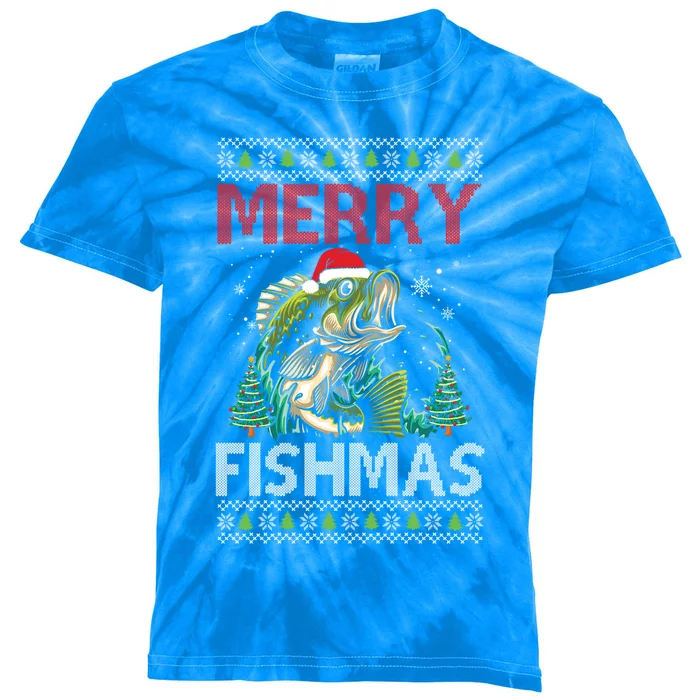 Merry Fishmas Fishing Ugly Christmas Large Mouth Bass Gift Kids Tie-Dye T-Shirt