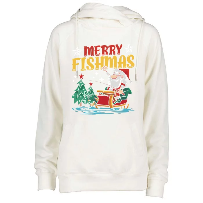 Merry Fishmas Fishing Christmas Costume Funny Santa Claus Womens Funnel Neck Pullover Hood