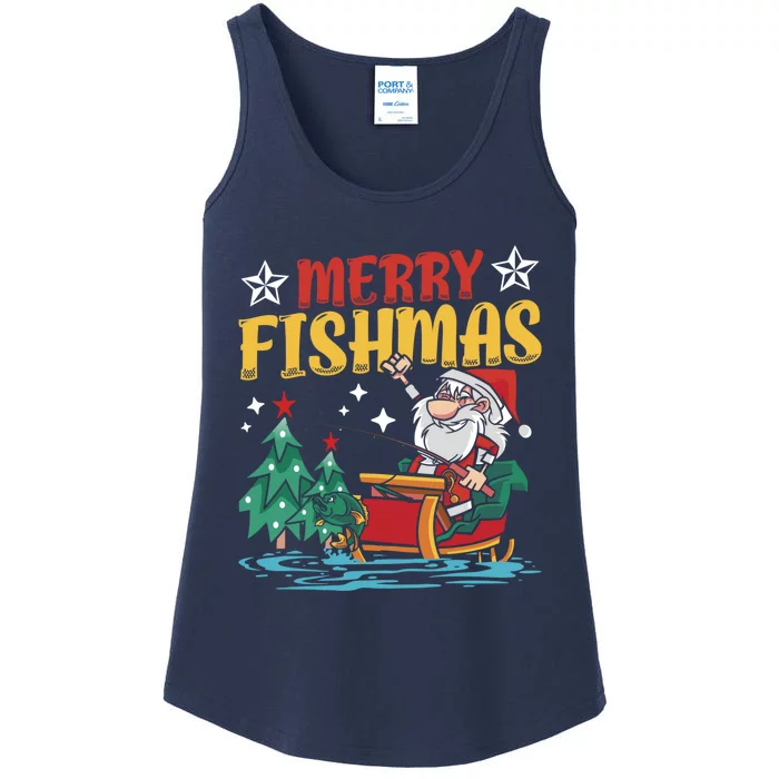 Merry Fishmas Fishing Christmas Costume Funny Santa Claus Ladies Essential Tank