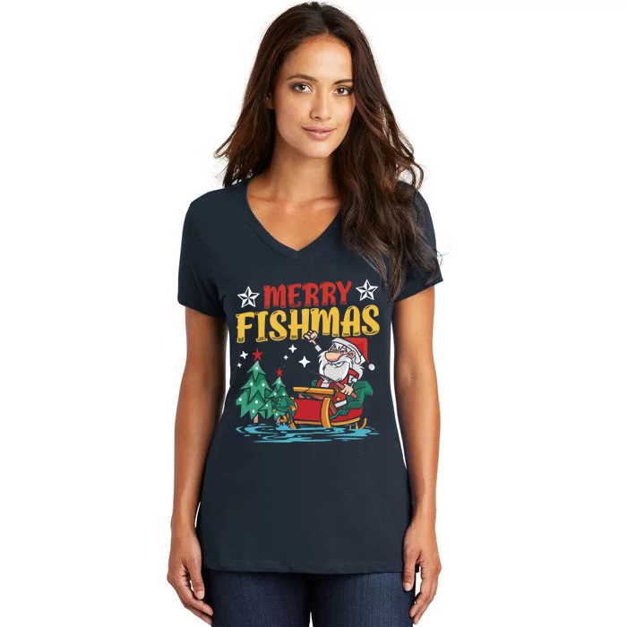 Merry Fishmas Fishing Christmas Costume Funny Santa Claus Women's V-Neck T-Shirt