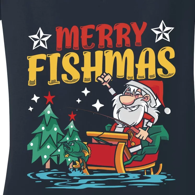 Merry Fishmas Fishing Christmas Costume Funny Santa Claus Women's V-Neck T-Shirt