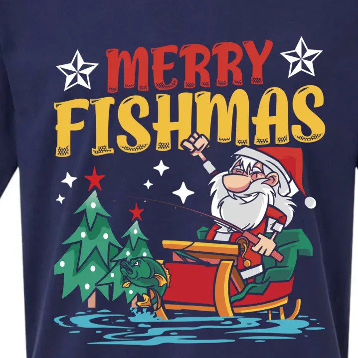 Merry Fishmas Fishing Christmas Costume Funny Santa Claus Sueded Cloud Jersey T-Shirt