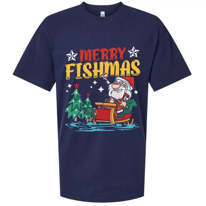 Merry Fishmas Fishing Christmas Costume Funny Santa Claus Sueded Cloud Jersey T-Shirt