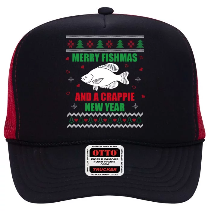 Merry Fishmas Fishing Funny Xmas Crappie For Fisherman High Crown Mesh Trucker Hat