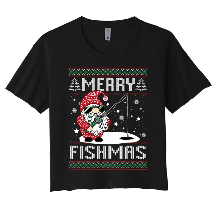 Merry Fishmas Fishing Gnome Christmas Santa Fisherman Women's Crop Top Tee