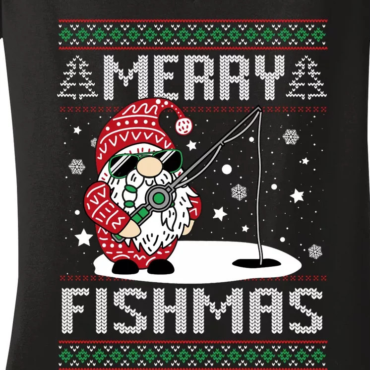 Merry Fishmas Fishing Gnome Christmas Santa Fisherman Women's V-Neck T-Shirt