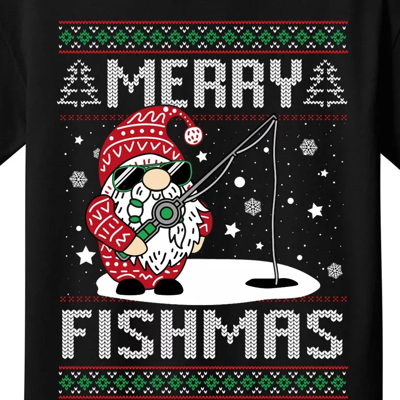 Merry Fishmas Fishing Gnome Christmas Santa Fisherman Kids T-Shirt