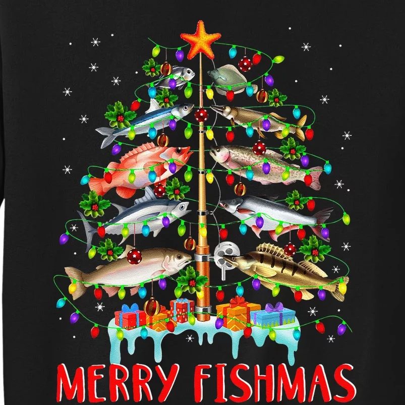 Merry Fishmas Funny Christmas Tree Lights Fish Fishing Rod Sweatshirt