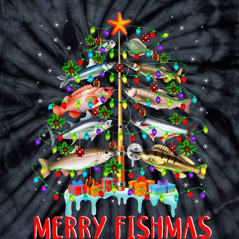 Merry Fishmas Funny Christmas Tree Lights Fish Fishing Rod Tie-Dye T-Shirt