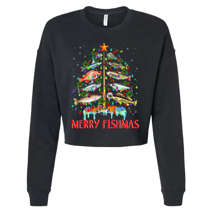 Merry Fishmas Funny Christmas Tree Lights Fish Fishing Rod Cropped Pullover Crew