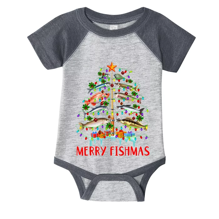 Merry Fishmas Funny Christmas Tree Lights Fish Fishing Rod Infant Baby Jersey Bodysuit