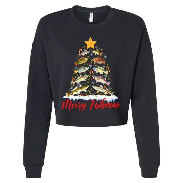 Merry Fishmas Funny Christmas Tree Lights Fish Fishing Rod Cropped Pullover Crew