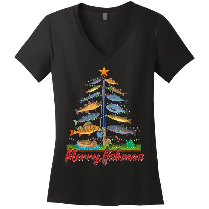 Merry Fishmas Funny Fisher Christmas Tree Fishing Pajama Women's V-Neck T-Shirt