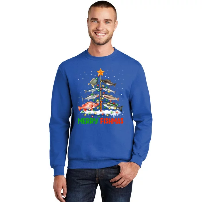 Merry Fishmas Funny Christmas Tree Lights Fish Fishing Rod Gift Tall Sweatshirt