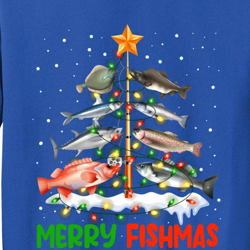 Merry Fishmas Funny Christmas Tree Lights Fish Fishing Rod Gift Tall Sweatshirt