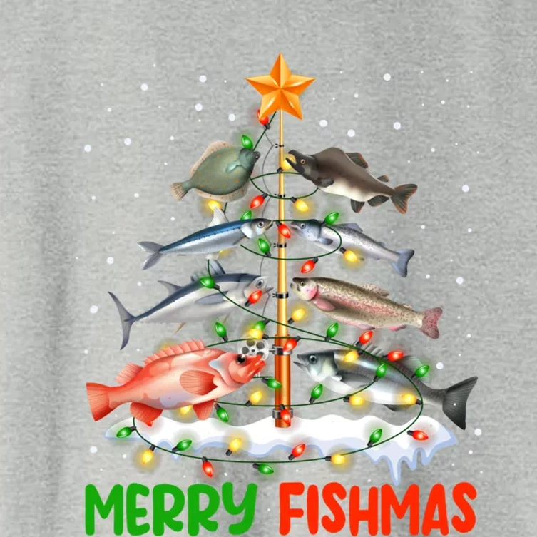 Merry Fishmas Funny Christmas Tree Lights Fish Fishing Rod Gift Women's Crop Top Tee