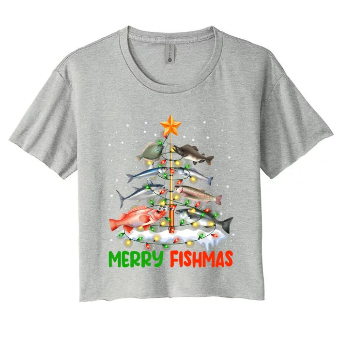 Merry Fishmas Funny Christmas Tree Lights Fish Fishing Rod Gift Women's Crop Top Tee