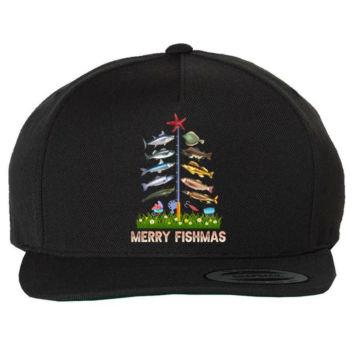 Merry Fishmas Funny Christmas Xmas Gift For Fishers Gift Wool Snapback Cap