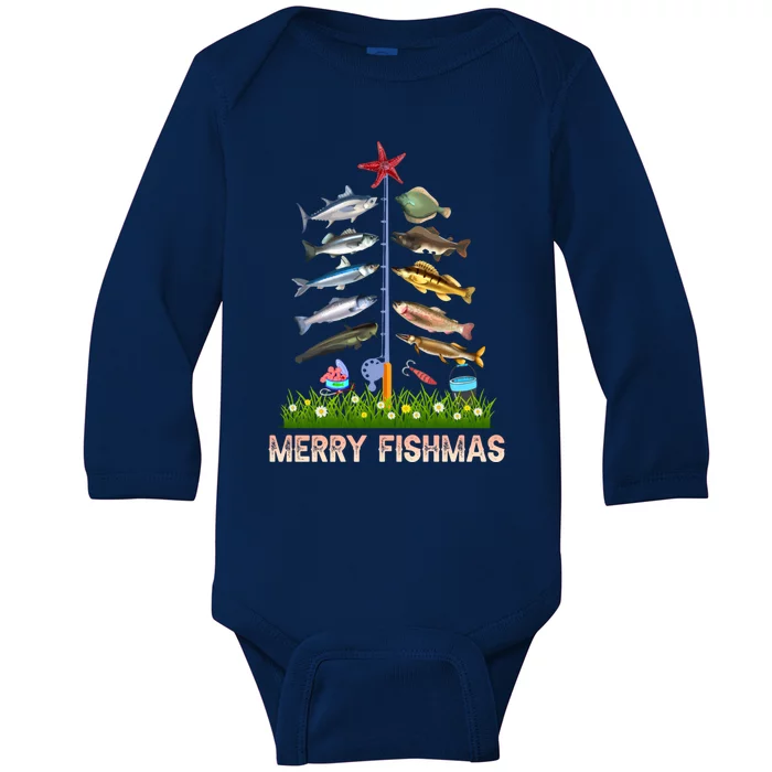 Merry Fishmas Funny Christmas Xmas Gift For Fishers Gift Baby Long Sleeve Bodysuit