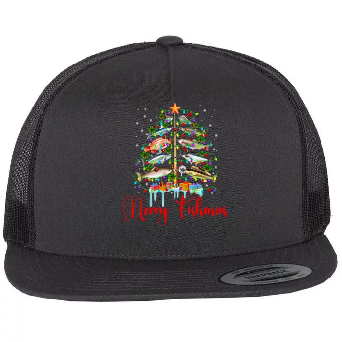 Merry Fishmas Funny Christmas Tree Lights Fish Fishing Rod Flat Bill Trucker Hat