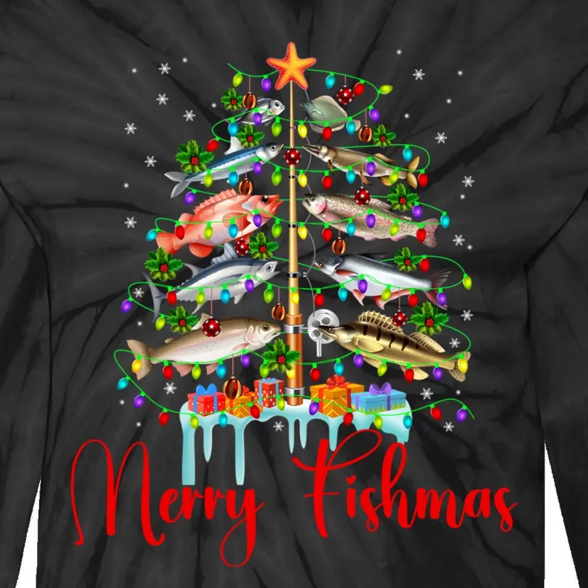 Merry Fishmas Funny Christmas Tree Lights Fish Fishing Rod Tie-Dye Long Sleeve Shirt